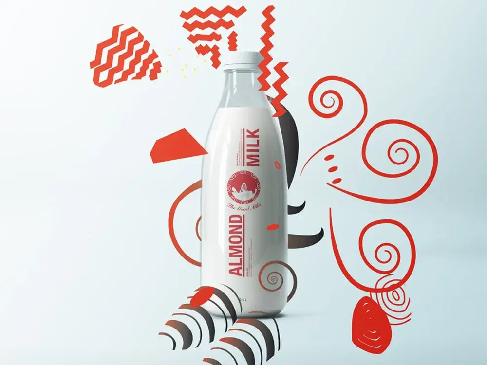 Almond Milk branding project including graphic design, 3D rendering, and video editing