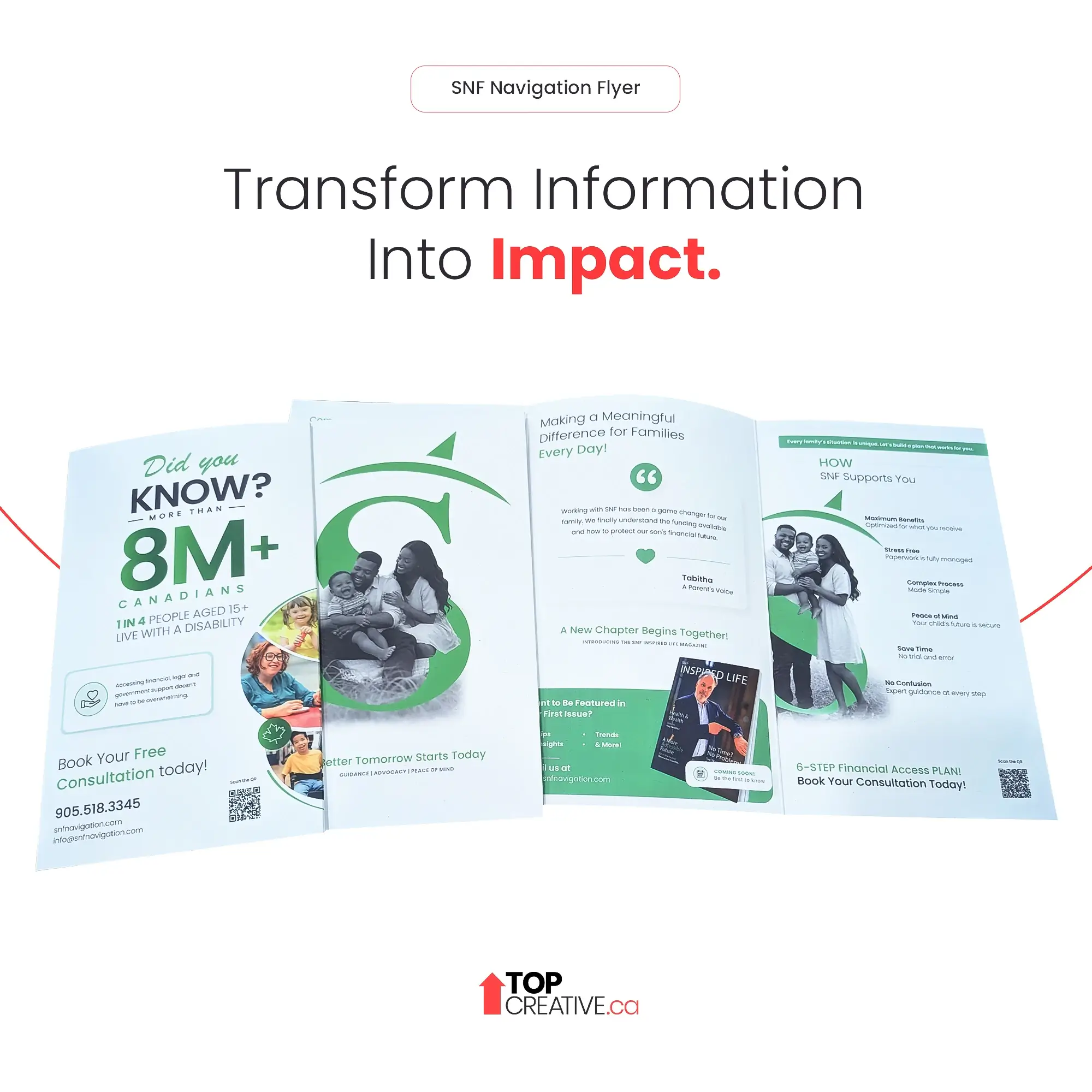 SNF Navigation Flyer designed for Top Creative, showcasing clear financial and family support information