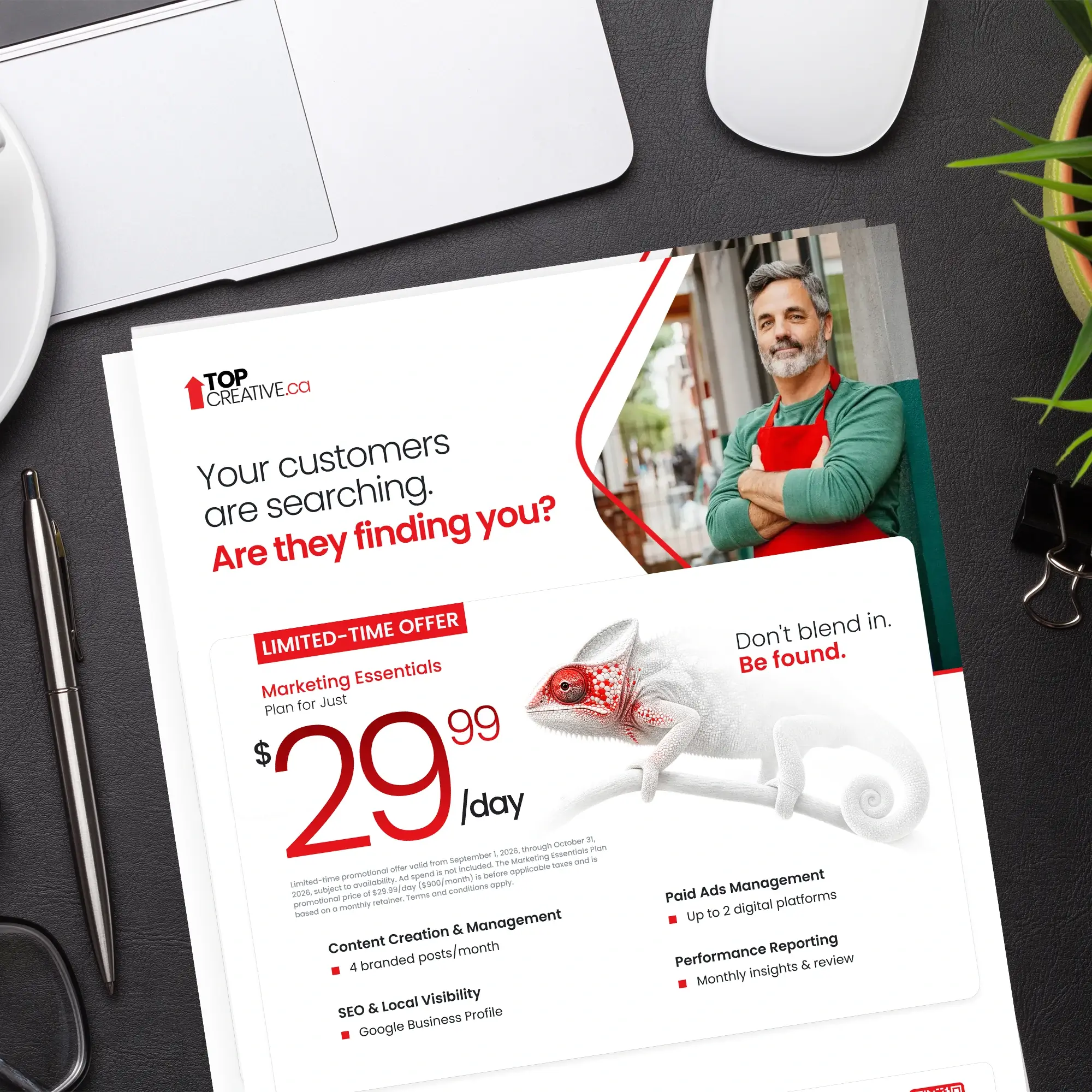 TOP CREATIVE marketing flyer promoting the Marketing Essentials Plan at $29.99 per day
