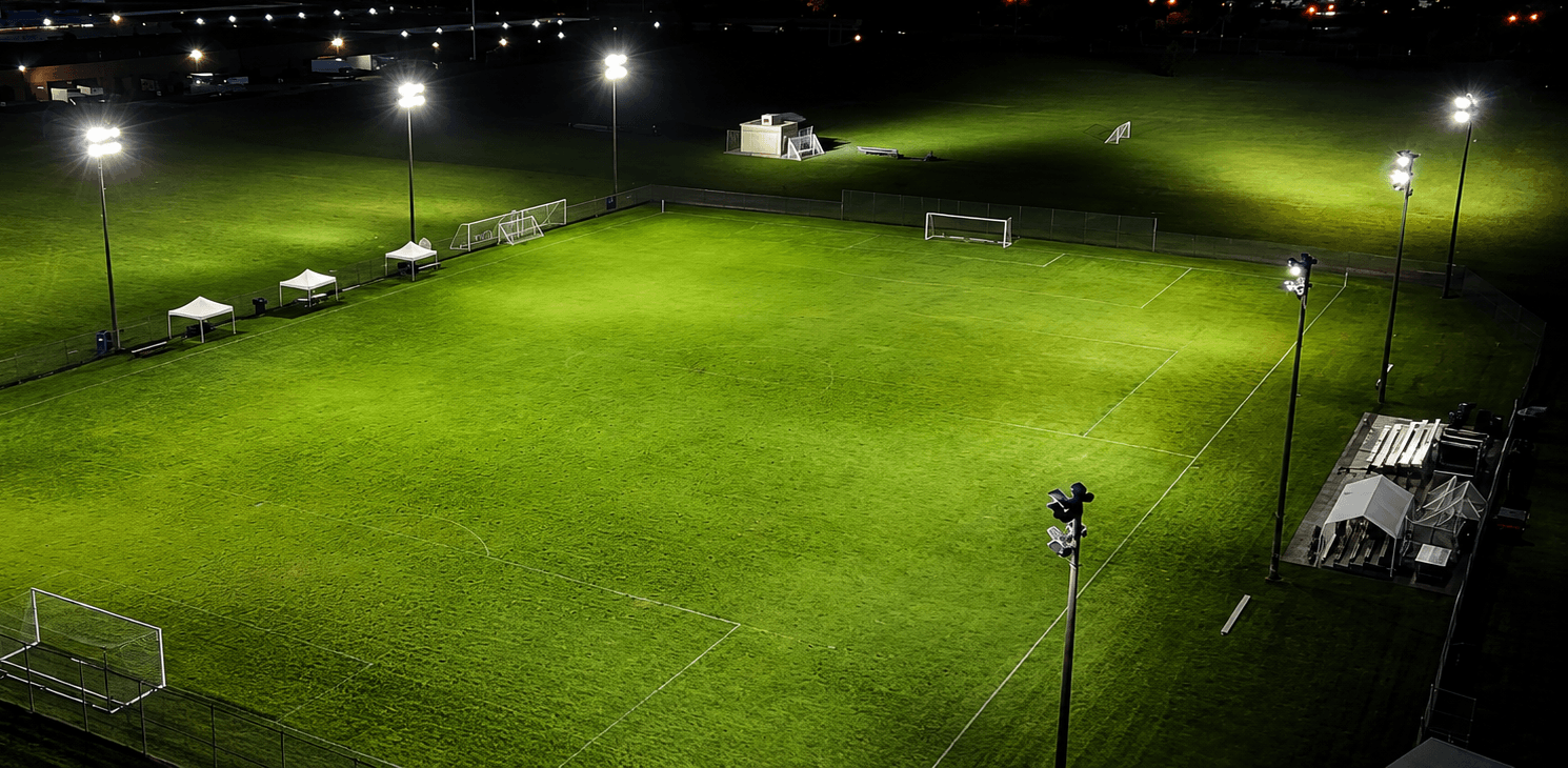 Aerial drone shot of a soccer ground showing the field layout and stadium environment for Azzurri case study project