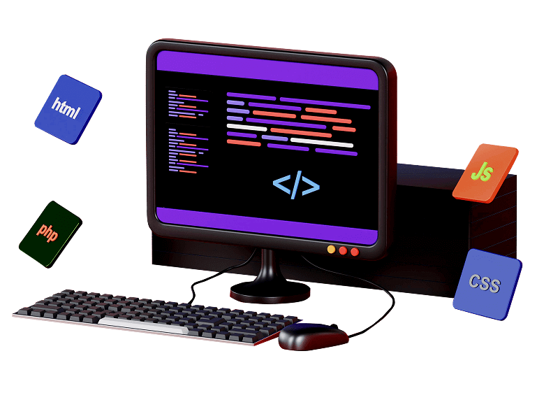 Computer surrounded by floating code boxes for HTML, CSS, JavaScript, and PHP
